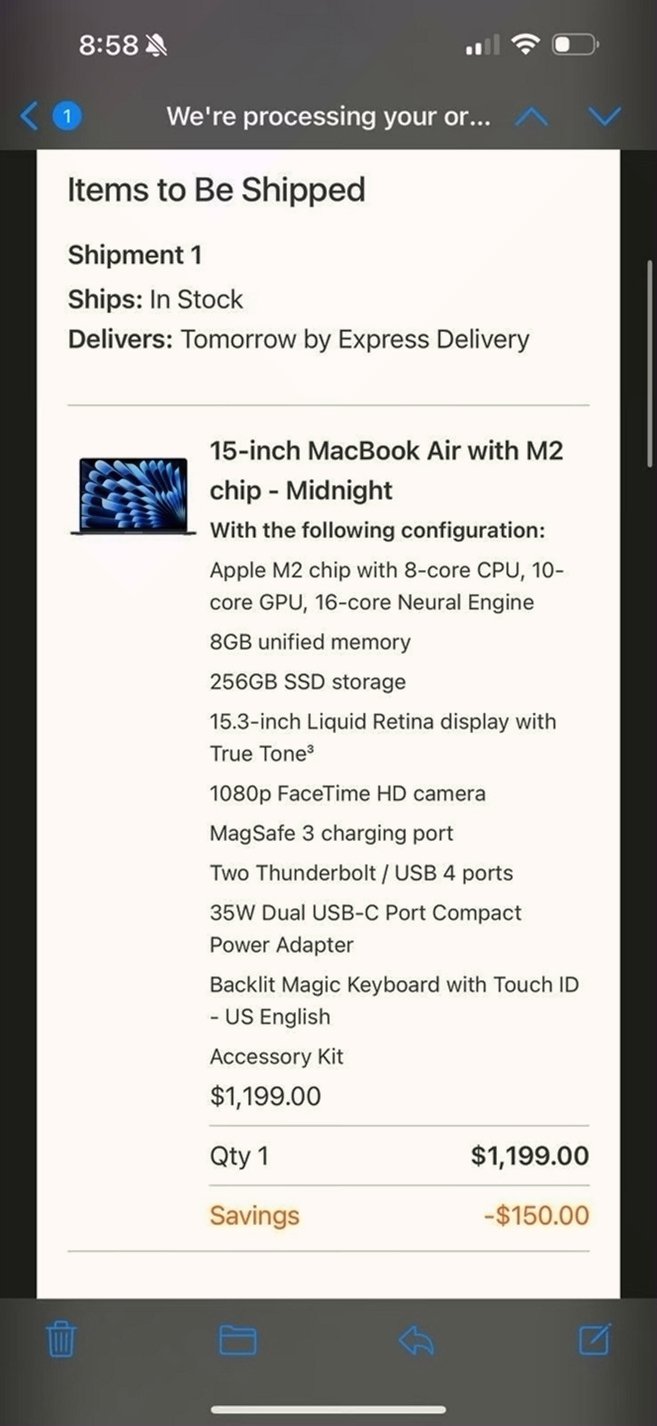 Apple MacBook Air M2 15 inch 256GB Silver - Used