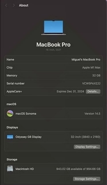 Apple Macbook Pro 16" M1 Max 1TB 32GB Silver - Used image 3