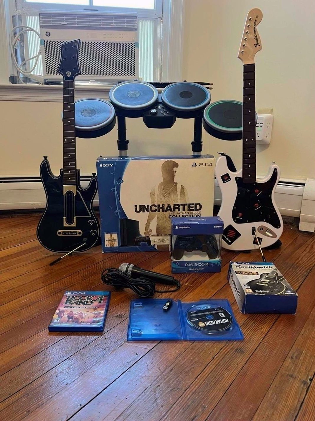 Rock Band 4 Bundle PS4 Wireless Fender Guitar Drums Mic Console - Used