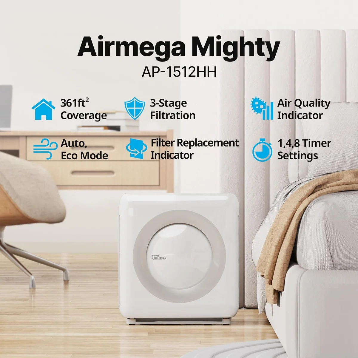Coway Airmega AP-1512HH True HEPA Purifier 247 sq ft Air Quality Monitoring White New image 2