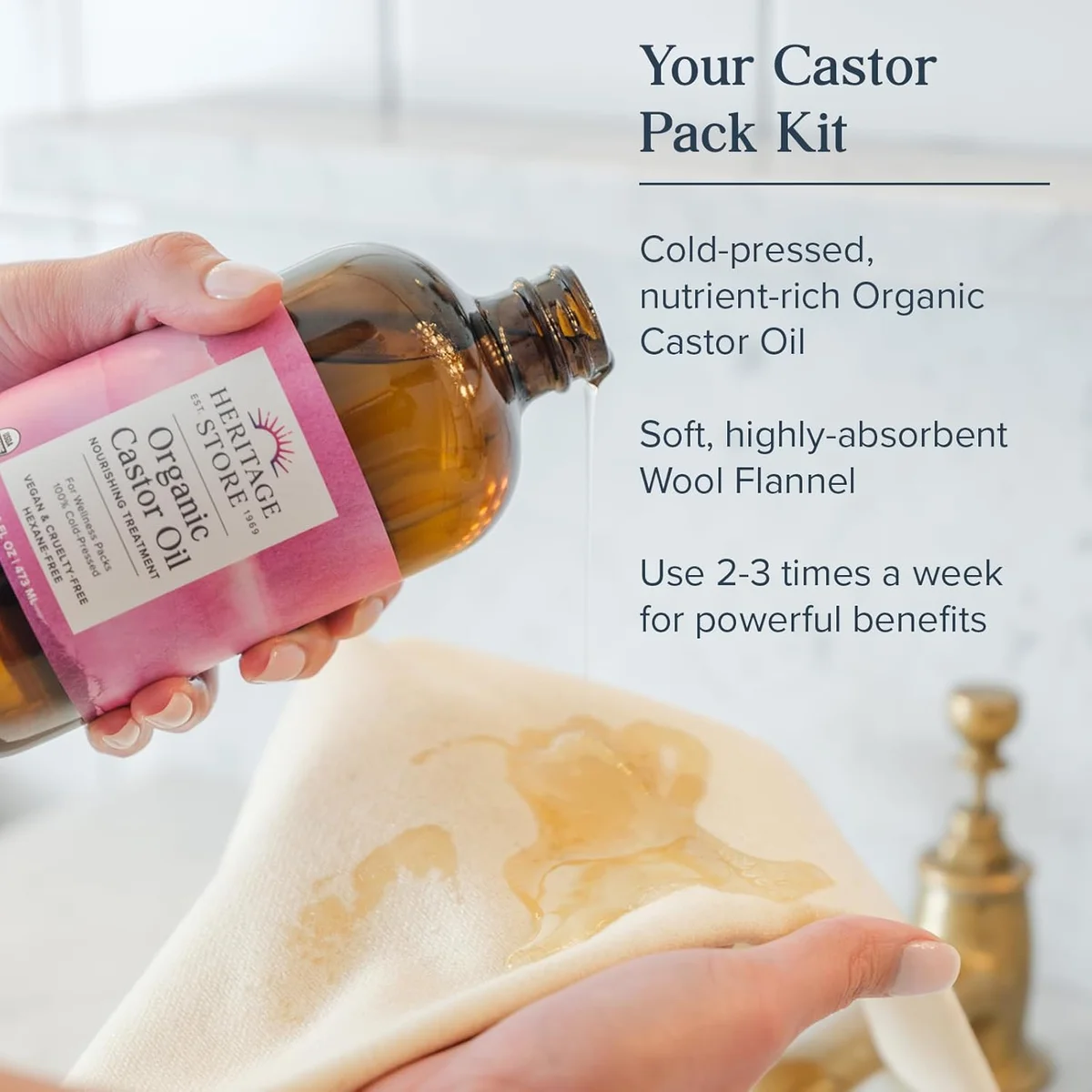 HERITAGE STORE Organic Castor Oil Pack Wrap Kit 16oz Cold Pressed with Wool Flannel New image 9