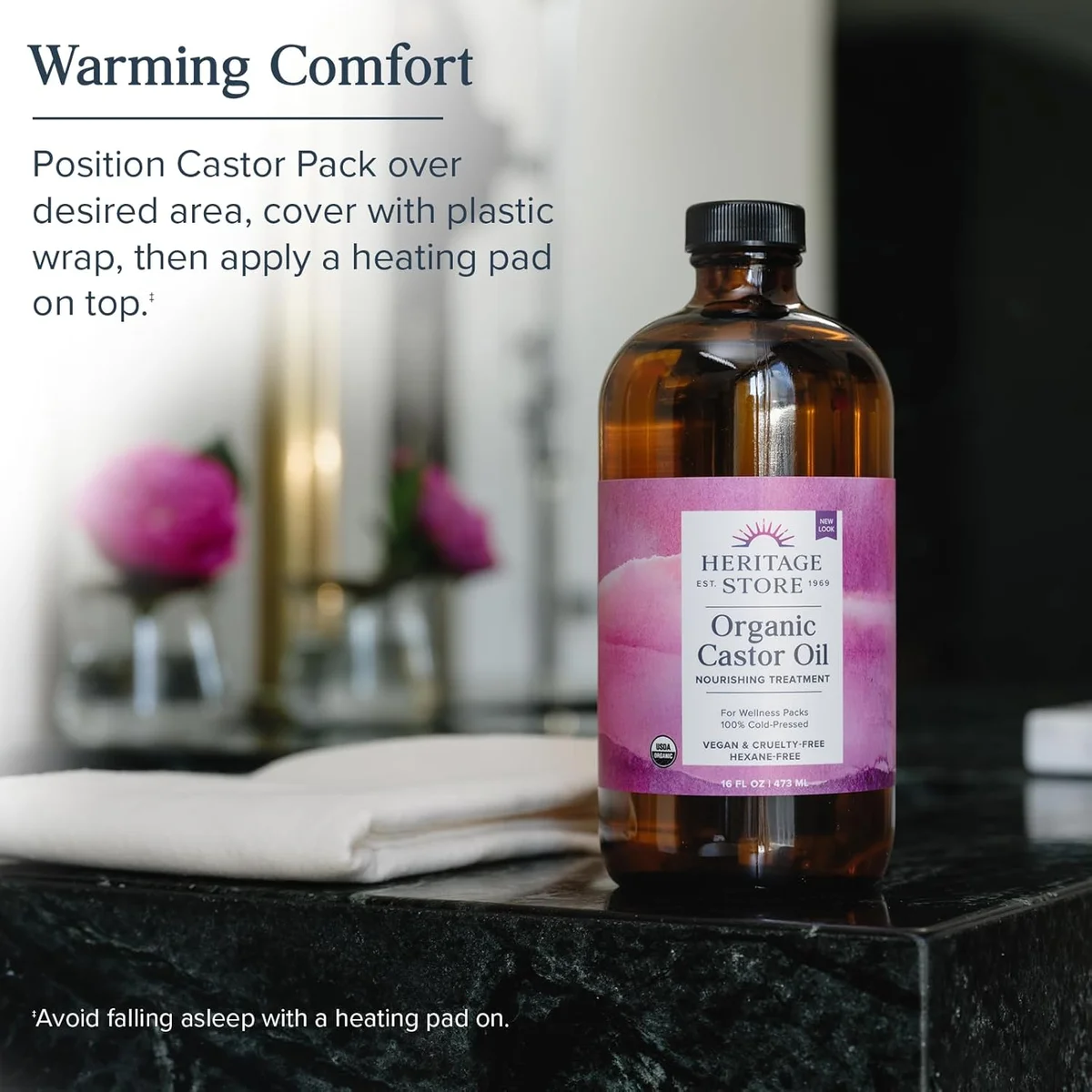 HERITAGE STORE Organic Castor Oil Pack Wrap Kit 16oz Cold Pressed with Wool Flannel New image 10
