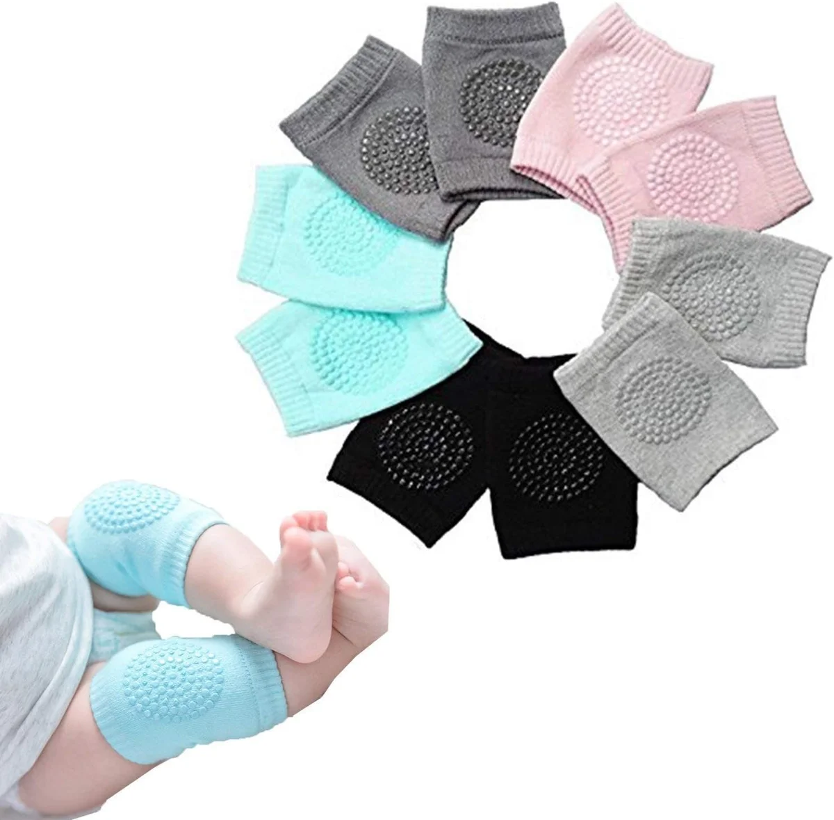 BOSONER Baby Crawling Knee Pads Large Cotton 5 Pairs Pink/Dark Grey/Grey/Black/Green New