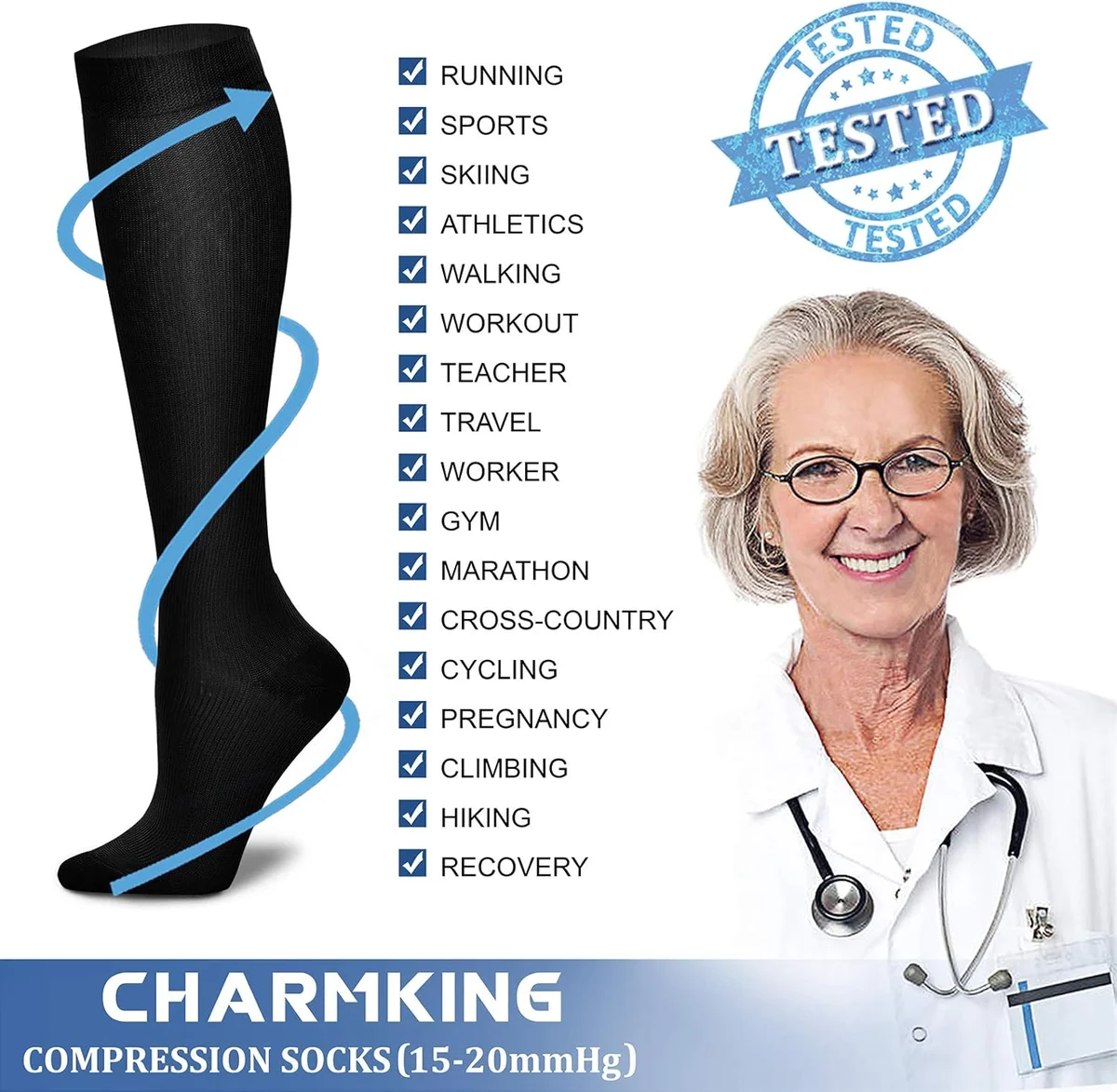 CHARMKING Compression Socks C-1 15-20 mmHg 8 Pairs Black New image 5