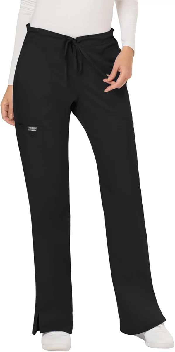 Cherokee Women Scrubs Pant Workwear Revolution WW120 Mid Rise Moderate Flare Drawstring Black New