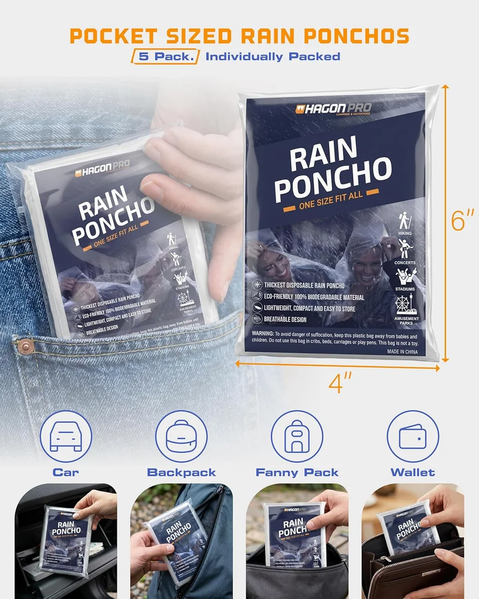 Hagon PRO Disposable Rain Ponchos for Adults 5 Pack Waterproof Clear New image 3