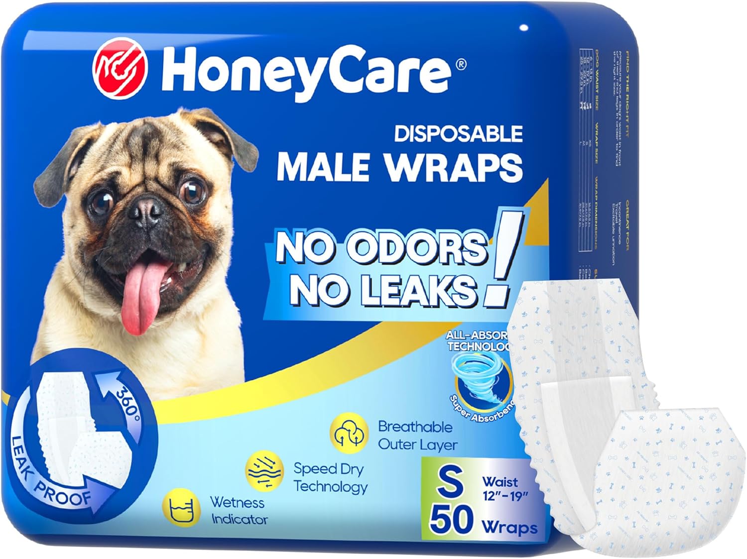 HONEY CARE All-Absorb A26 Male Dog Wrap 50 Count Small Blue New