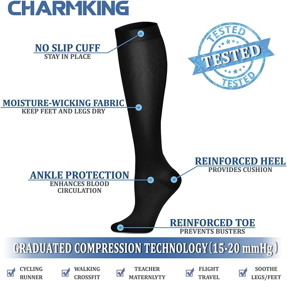 CHARMKING Compression Socks C-1 15-20 mmHg 8 Pairs Black New image 4