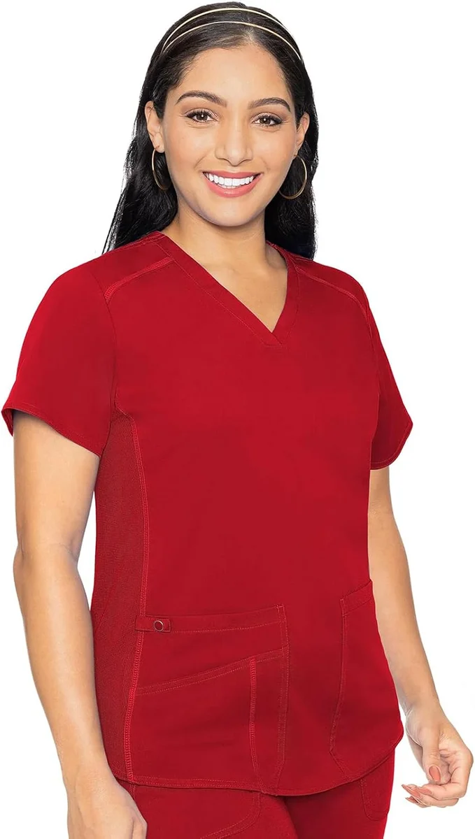 Med Couture V-Neck Scrub Top MC7459 4 Pockets, Rib-Knit Side Panel Red New