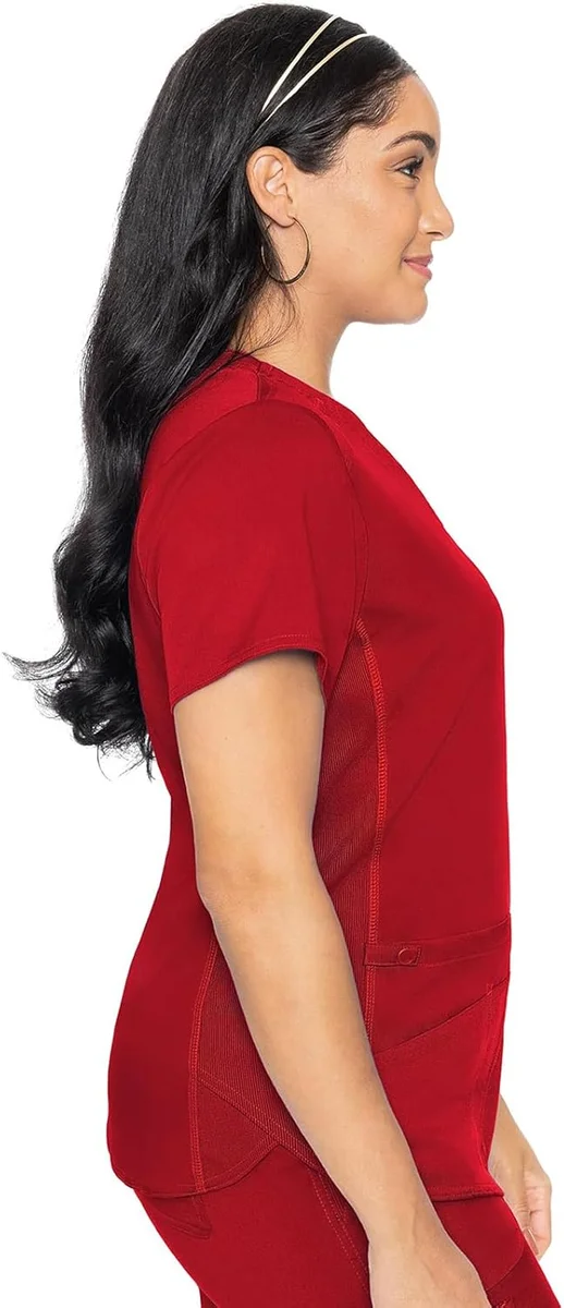 Med Couture V-Neck Scrub Top MC7459 4 Pockets, Rib-Knit Side Panel Red New image 4
