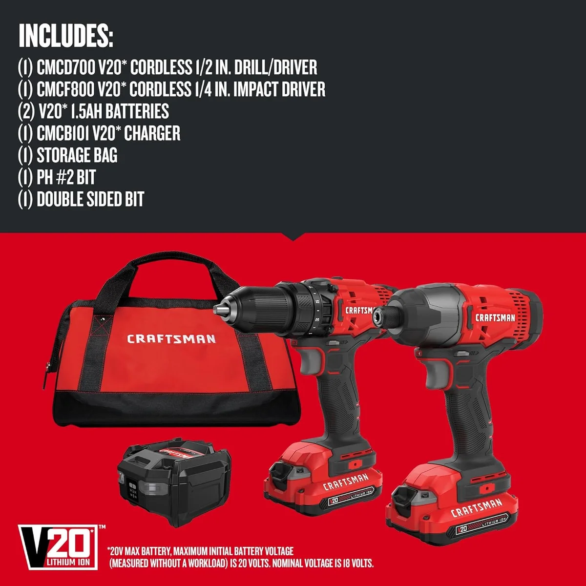 CRAFTSMAN V20 MAX Cordless Drill Driver and Impact Driver Set CMCK200C2 20V with 2 Batteries and Charger - New image 2