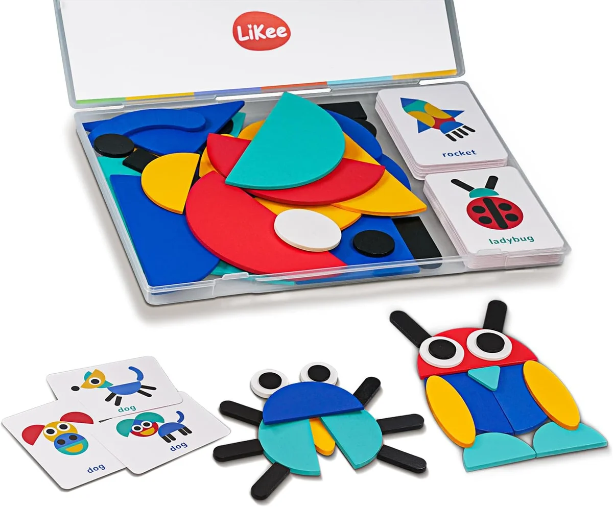 LiKee Open Ended Wooden Shape Puzzles 36 Blocks & 60 Cards Montessori Toys Multicolor New