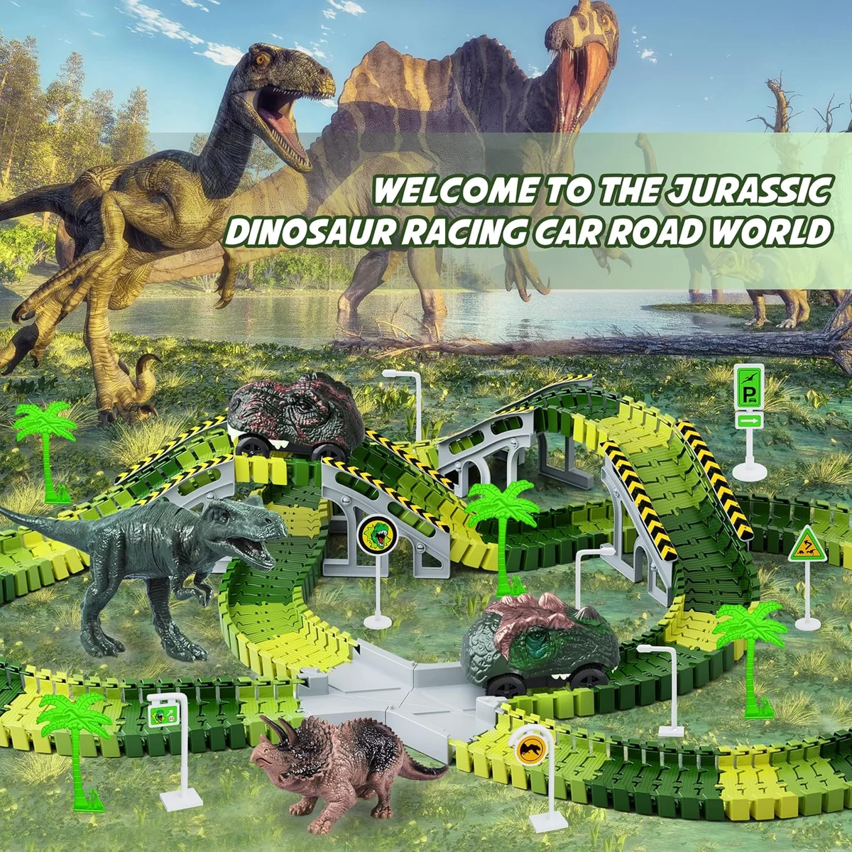 Toyk Dinosaur Toys Create A Dinosaur World Road Race 252 Pieces Green New image 6