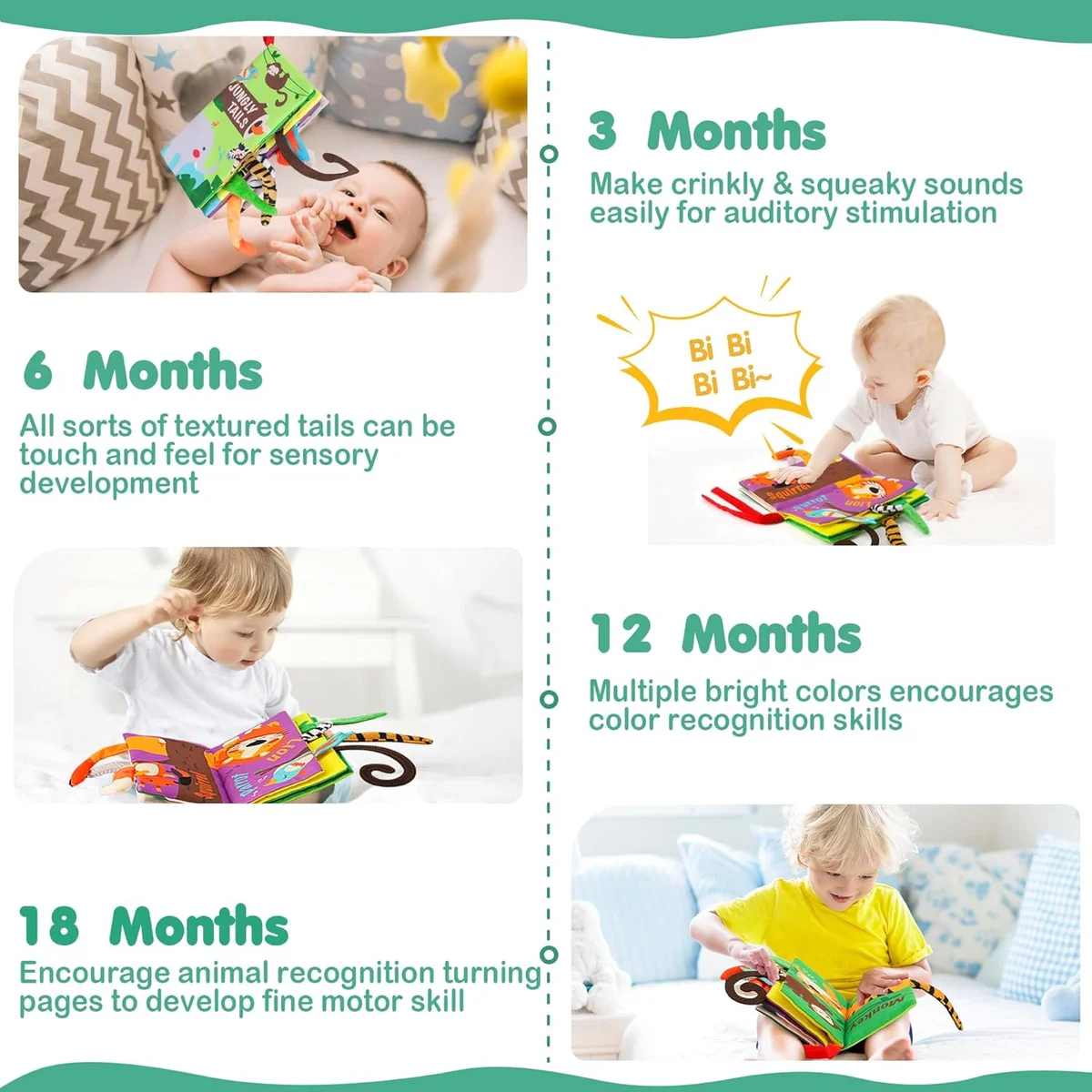 beiens Baby Books Toys Touch and Feel Crinkle Cloth Book MR Interactive Soft Toys Jungle Tails-1 Book New image 3