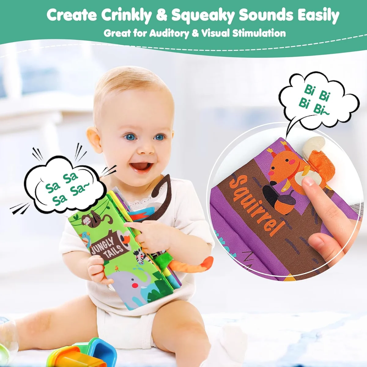 beiens Baby Books Toys Touch and Feel Crinkle Cloth Book MR Interactive Soft Toys Jungle Tails-1 Book New image 4