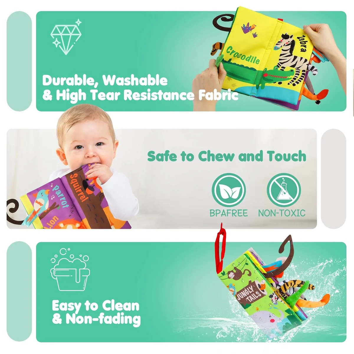 beiens Baby Books Toys Touch and Feel Crinkle Cloth Book MR Interactive Soft Toys Jungle Tails-1 Book New image 6