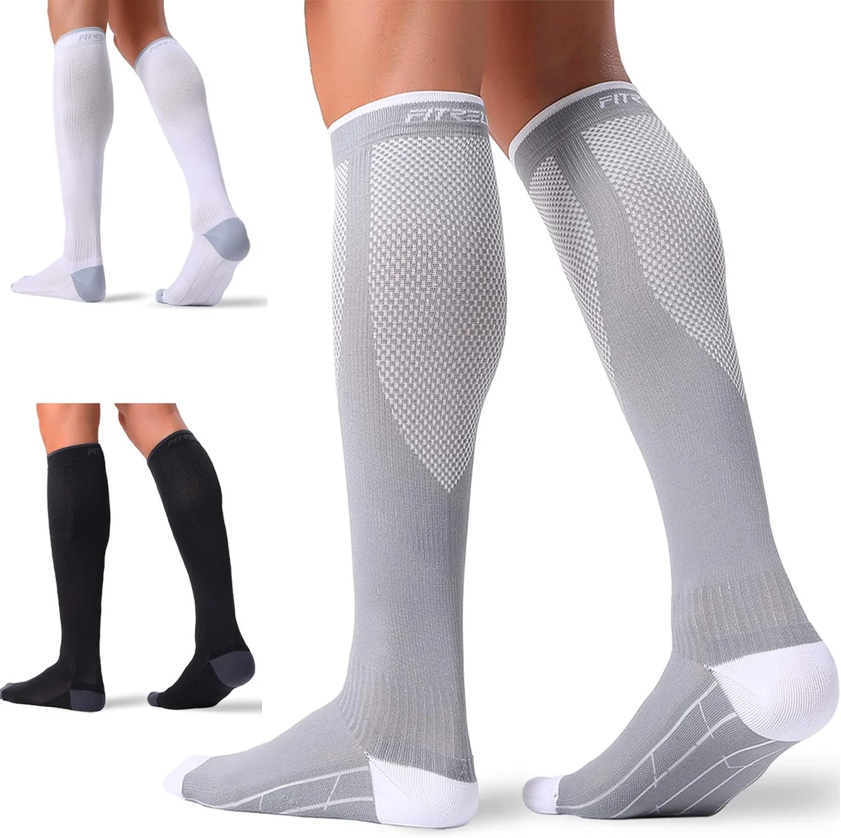 FITRELL Compression Socks for Women and Men 20-30mmHg Knee Length Black+White+Grey New