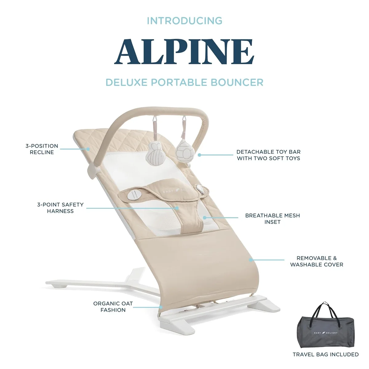 Baby Delight Alpine Deluxe Portable Bouncer BD05550 0-6 Months 100% GOTS Certified Cotton Organic Oat New image 3