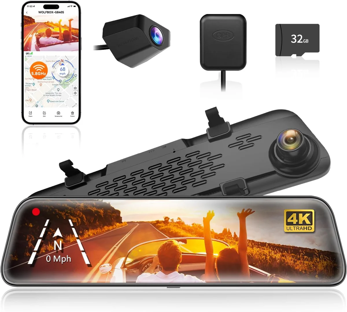WOLFBOX G840S 12" 4K Mirror Dash Cam Backup Camera 5.8GHz WiFi Black New