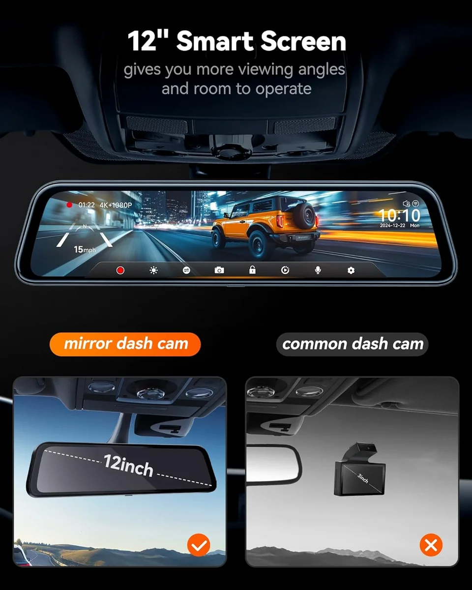 WOLFBOX G840S 12" 4K Mirror Dash Cam Backup Camera 5.8GHz WiFi Black New image 10