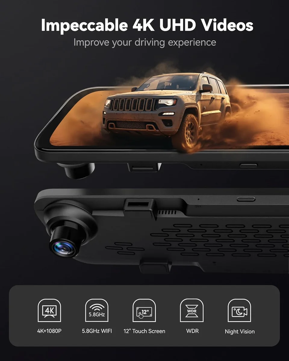 WOLFBOX G840S 12" 4K Mirror Dash Cam Backup Camera 5.8GHz WiFi Black New image 2