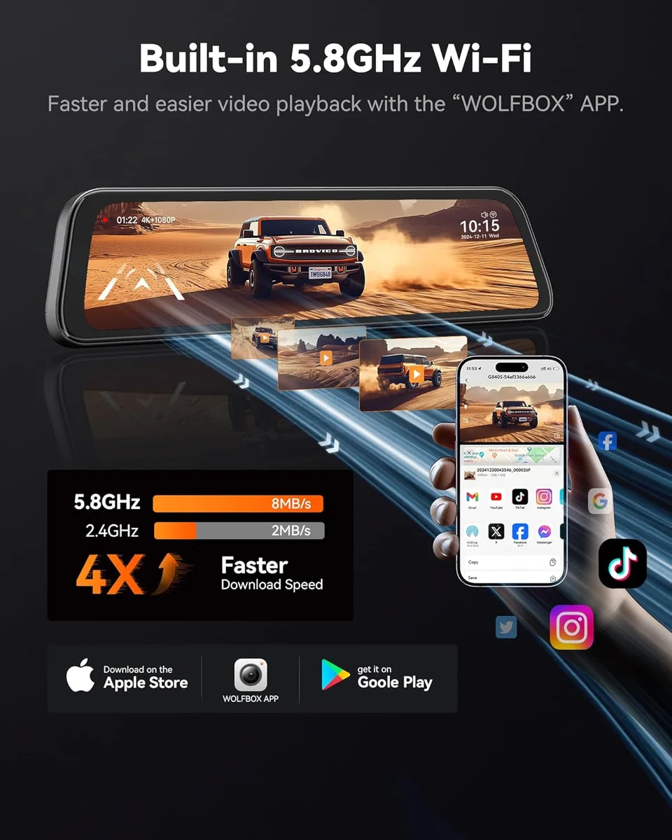 WOLFBOX G840S 12" 4K Mirror Dash Cam Backup Camera 5.8GHz WiFi Black New image 4