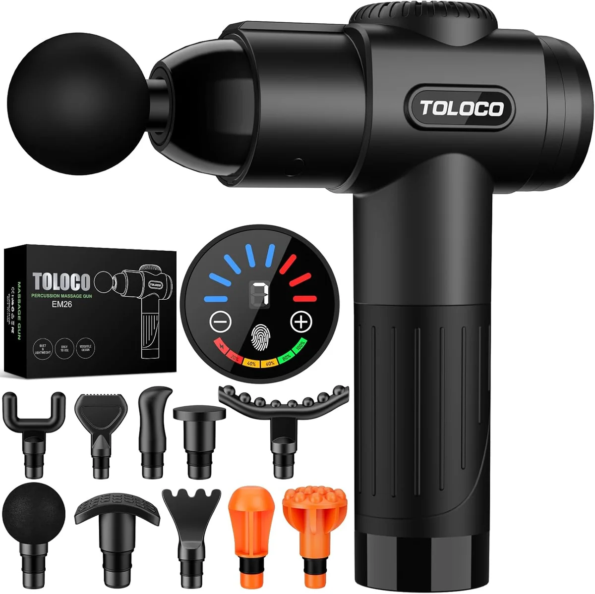 TOLOCO Massage Gun Deep Tissue EM26 10 Massage Heads Silent Motor Black New
