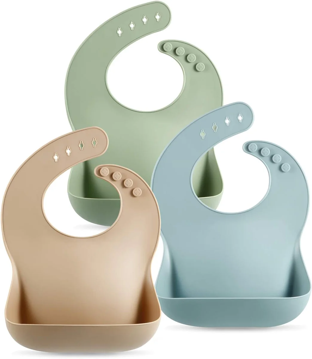 PandaEar Silicone Baby Bibs Set of 3 Waterproof Soft Unisex 10-72 Months Brown/Blue/Green New