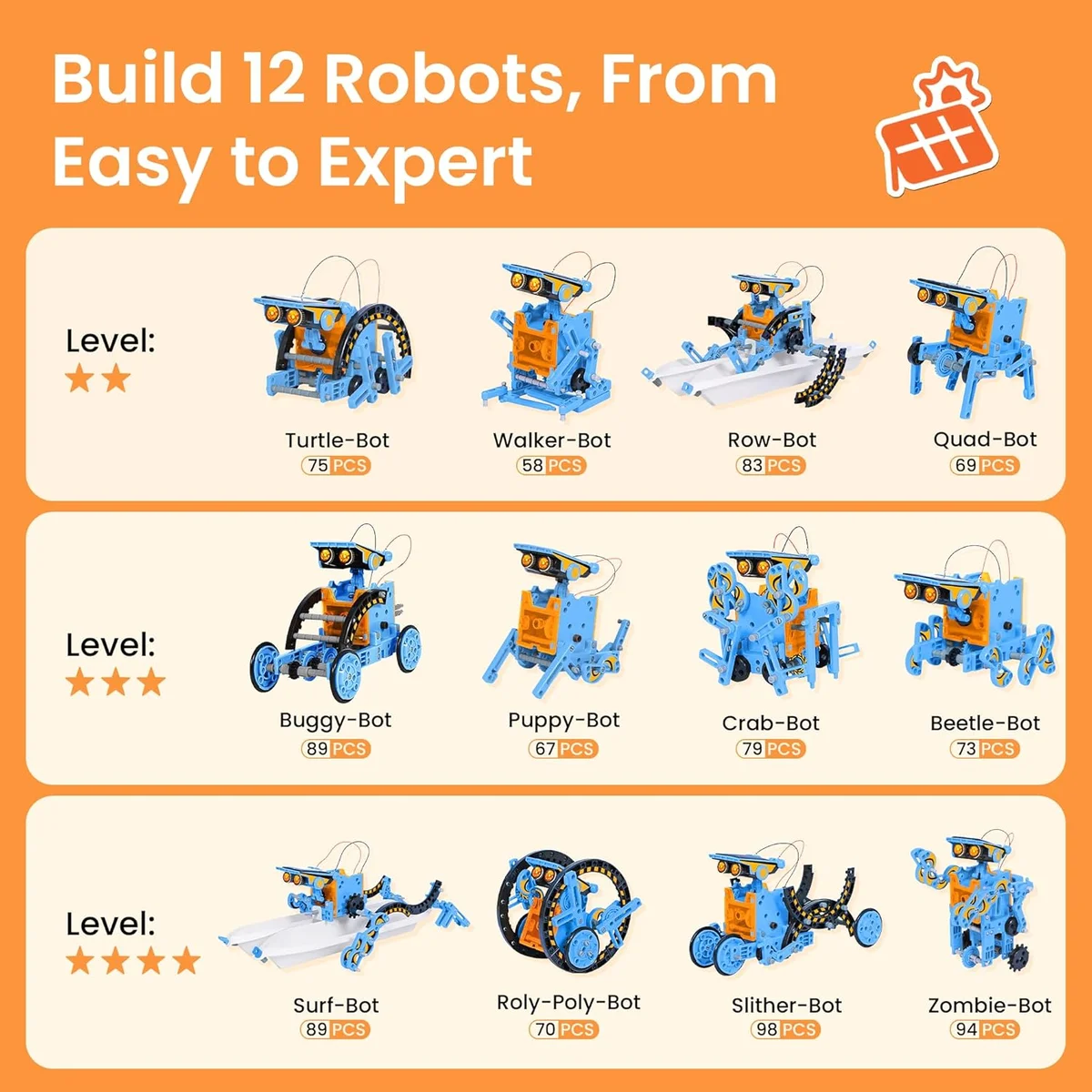 Sillbird Solar Building Robot Kit CA-R215E 12-in-1 Solar/Battery Powered 196 Pieces Orange New image 5