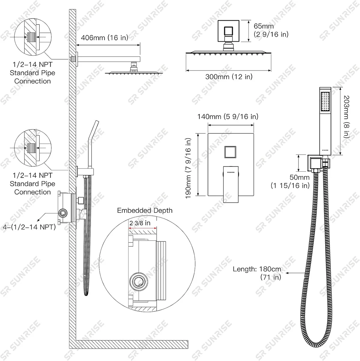 SR SUN RISE 12 Inches Rain Mixer Shower Combo Set SRSH-UPC41 Brushed Nickel New image 8