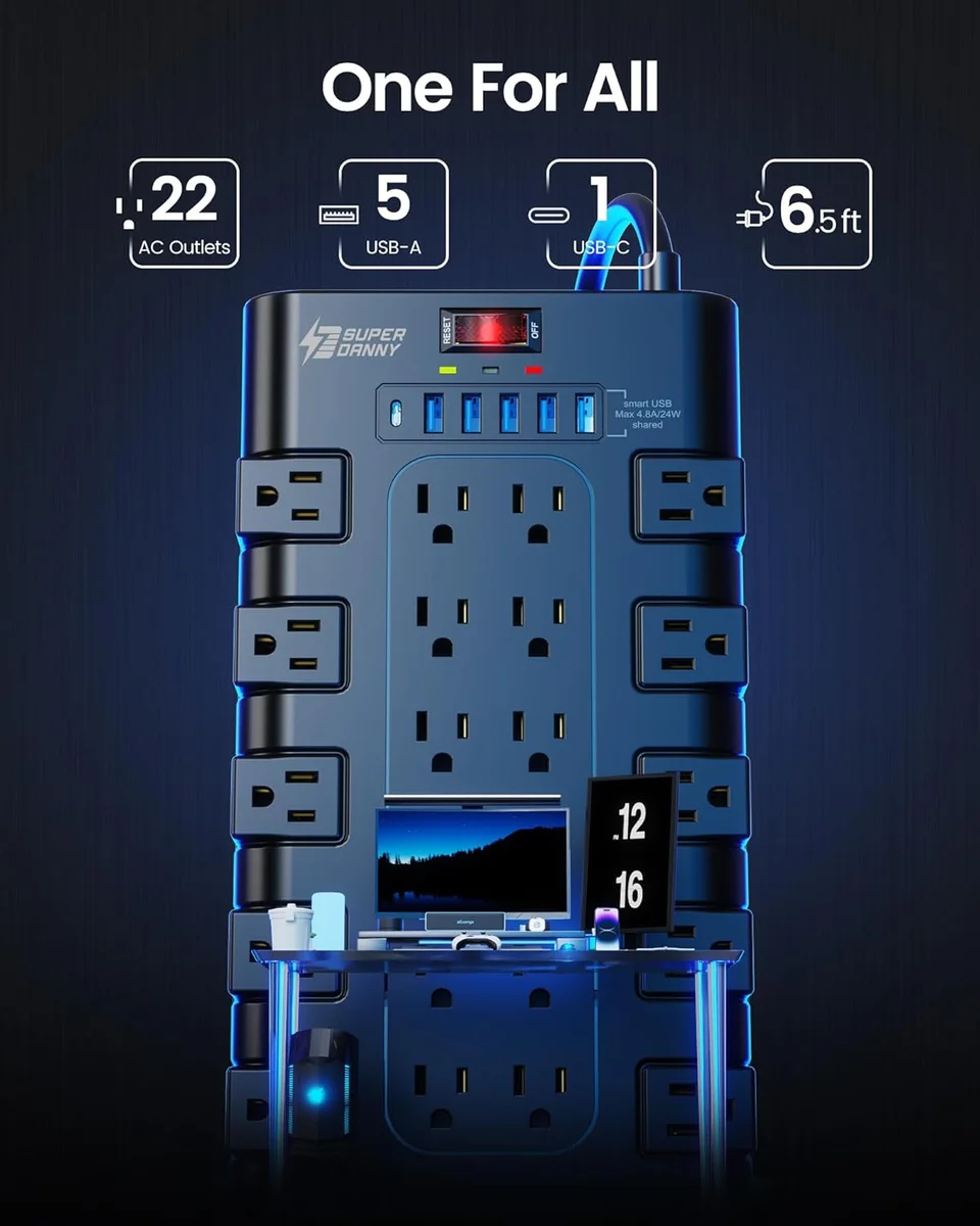 SUPERDANNY Power Strip Surge Protector QR2260-U 22 AC Outlets 6 USB Ports 1875W Black New image 2
