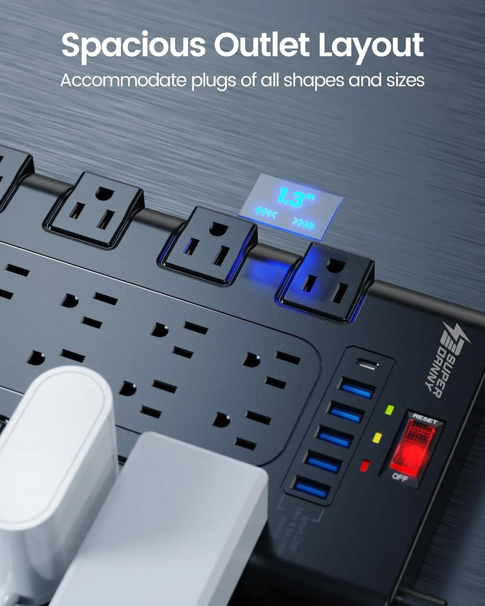 SUPERDANNY Power Strip Surge Protector QR2260-U 22 AC Outlets 6 USB Ports 1875W Black New image 3