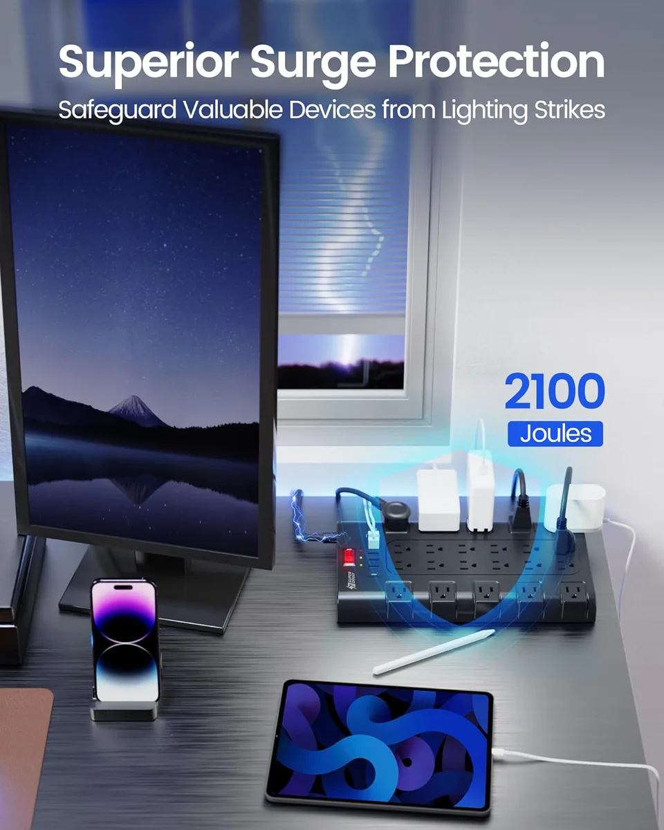 SUPERDANNY Power Strip Surge Protector QR2260-U 22 AC Outlets 6 USB Ports 1875W Black New image 5