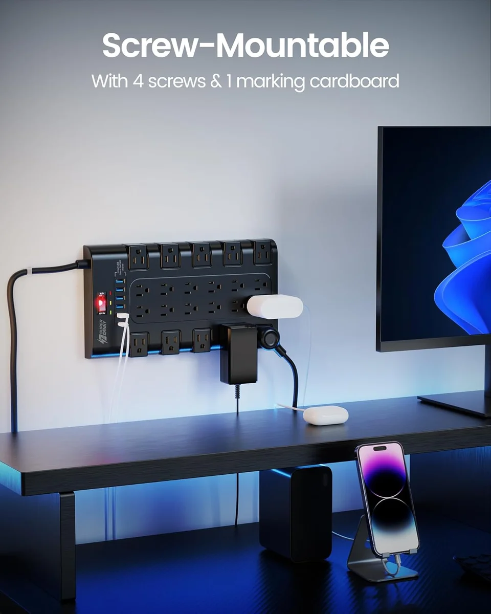SUPERDANNY Power Strip Surge Protector QR2260-U 22 AC Outlets 6 USB Ports 1875W Black New image 6