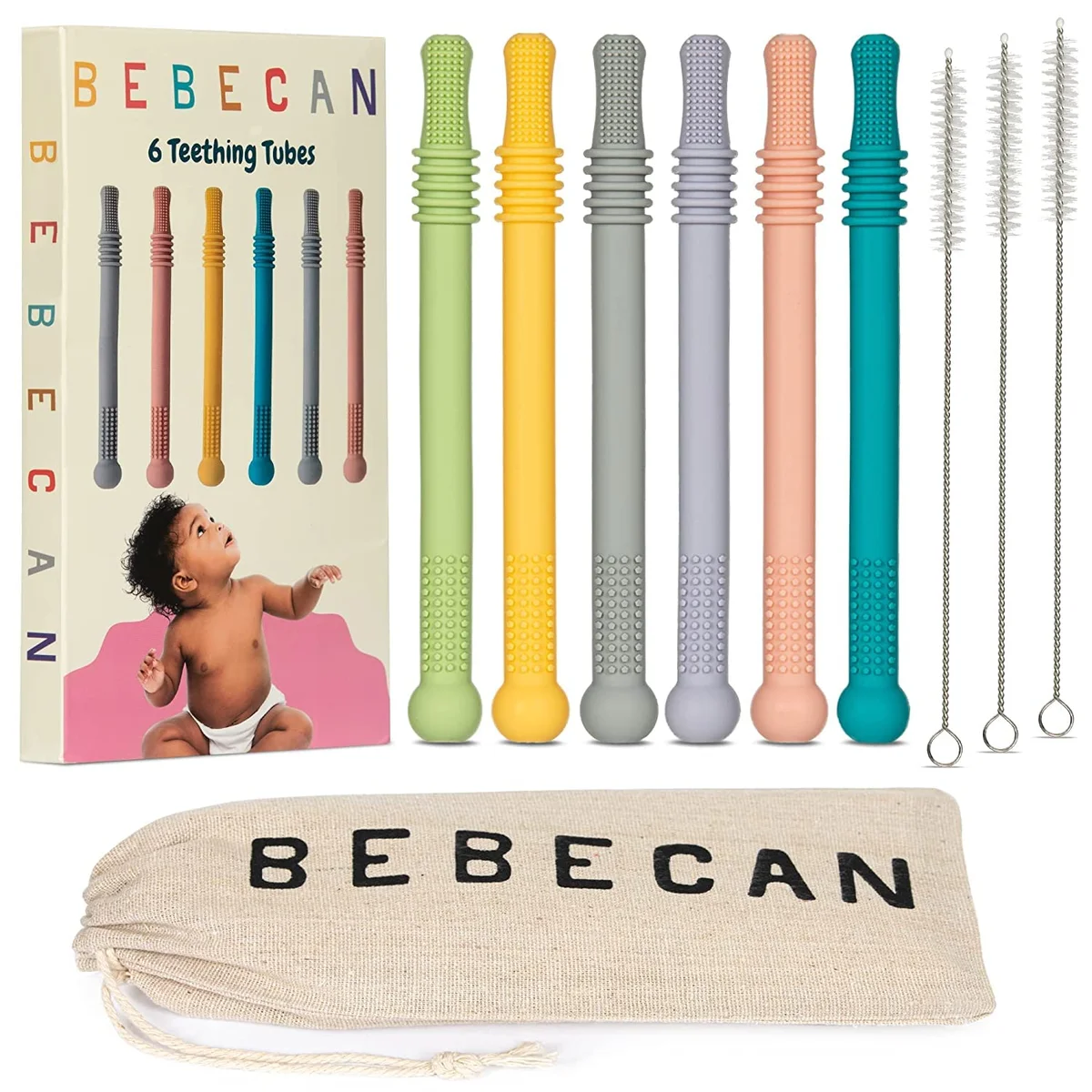 BEBECAN Teething Sticks for Babies 36+ Months Soft Silicone 6-Pack Multicolor New