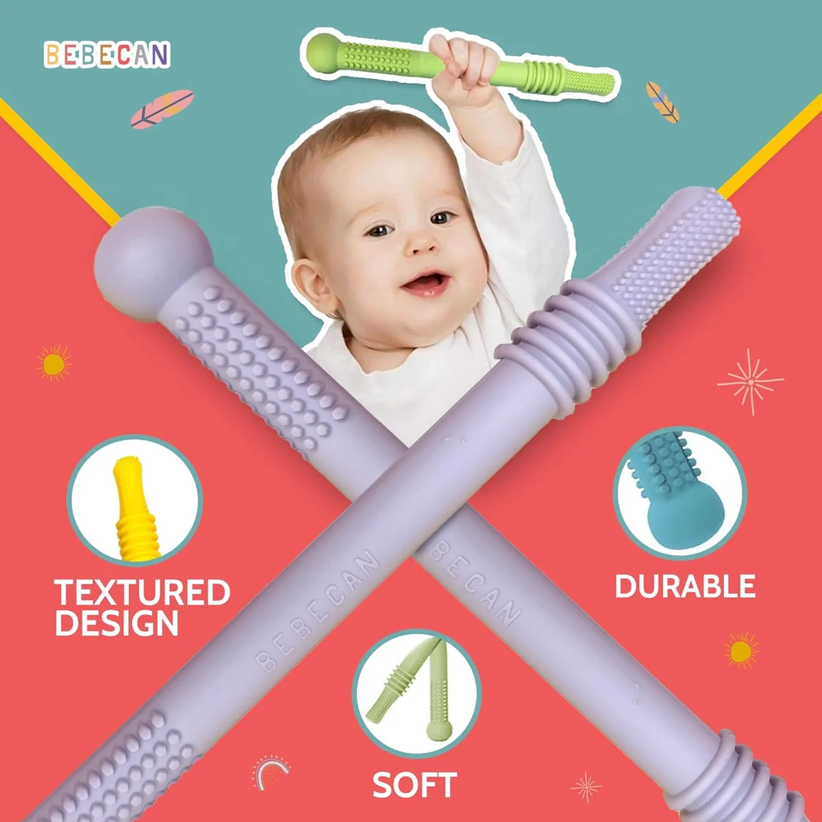 BEBECAN Teething Sticks for Babies 36+ Months Soft Silicone 6-Pack Multicolor New image 3