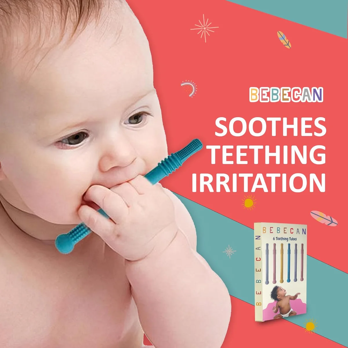 BEBECAN Teething Sticks for Babies 36+ Months Soft Silicone 6-Pack Multicolor New image 6
