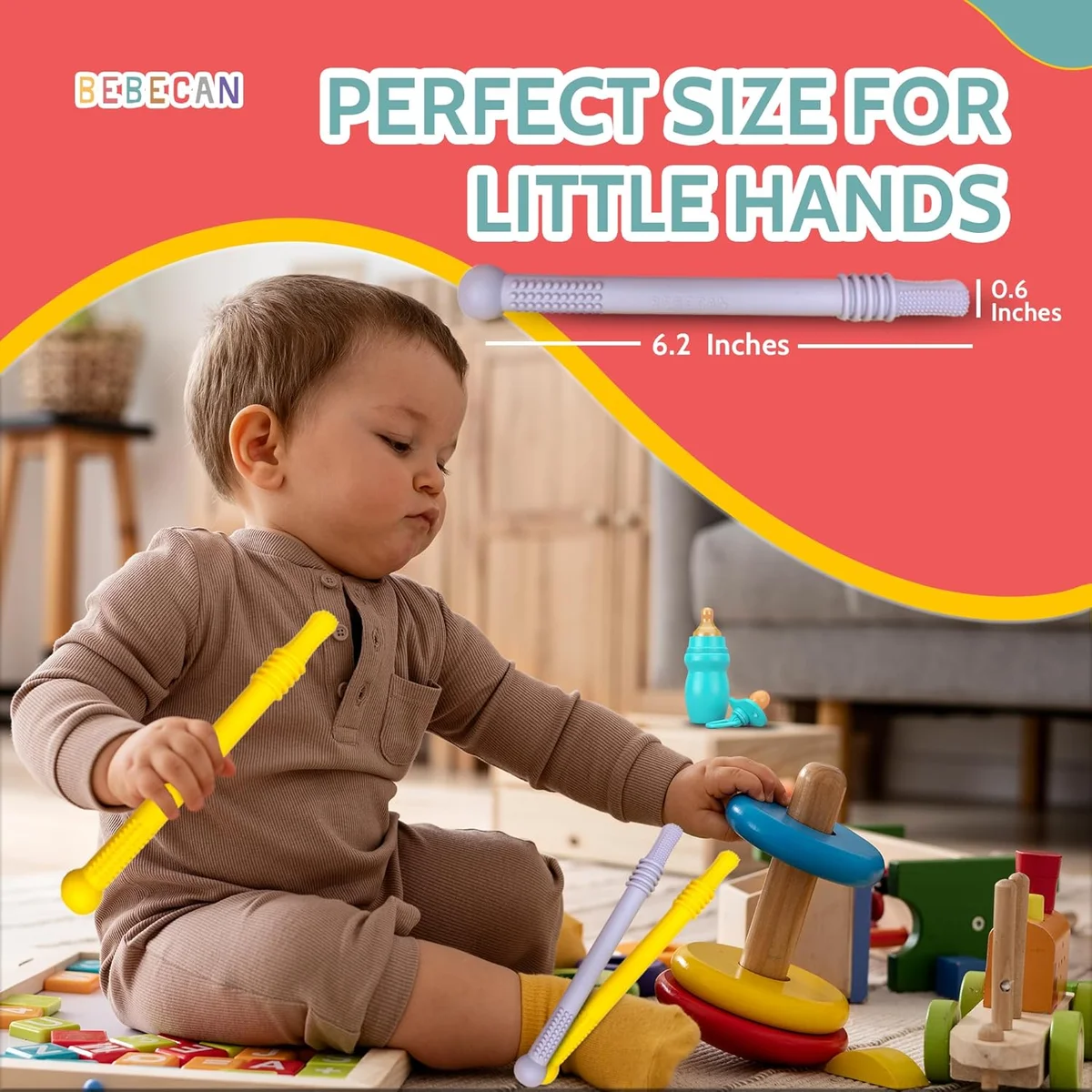 BEBECAN Teething Sticks for Babies 36+ Months Soft Silicone 6-Pack Multicolor New image 7