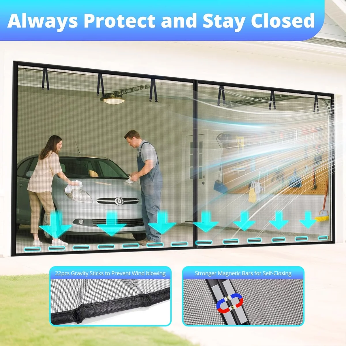 FEGO Garage Door Screen 16x7FT, Magnetic Screen Door with Retractable Fiberglass Mesh and Heavy Duty Weighted Bottom, Easy Assembly&Pass, Hands Free w/ 40 Magnets for 2 Car Garage/Patio/Small Shop image 4