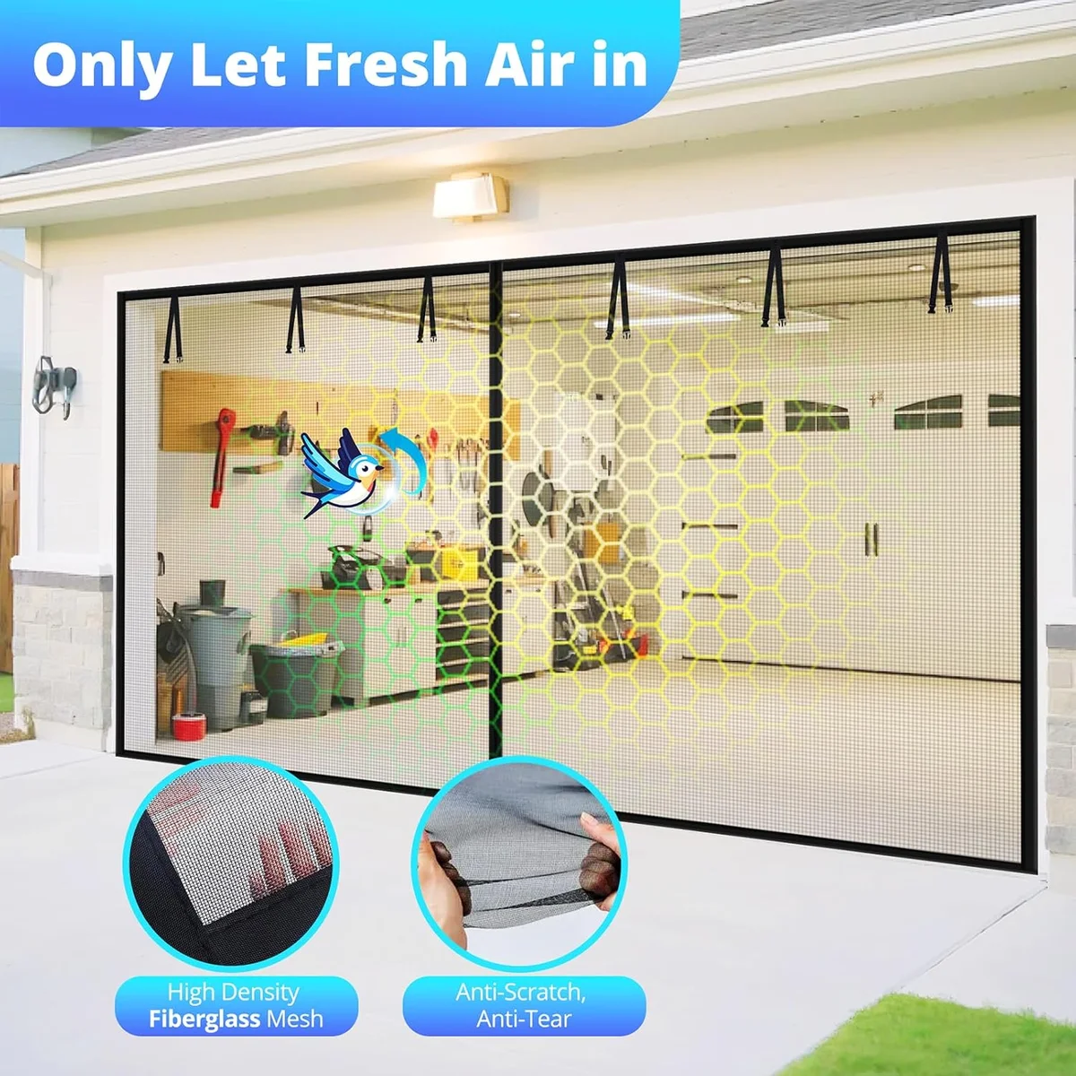 FEGO Garage Door Screen 16x7FT, Magnetic Screen Door with Retractable Fiberglass Mesh and Heavy Duty Weighted Bottom, Easy Assembly&Pass, Hands Free w/ 40 Magnets for 2 Car Garage/Patio/Small Shop image 3