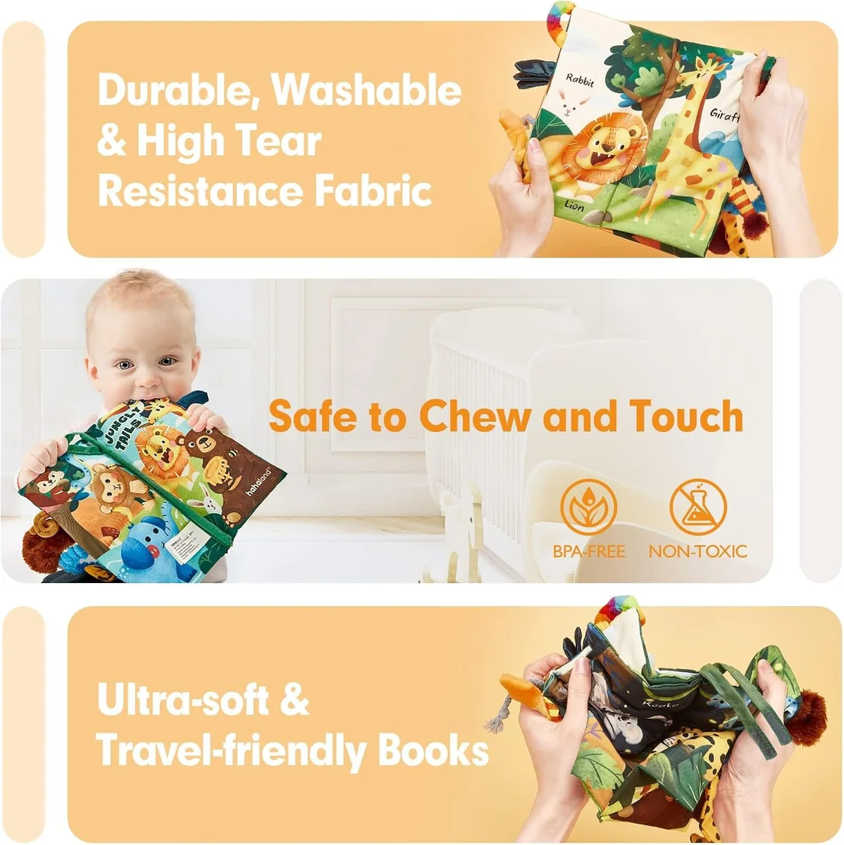 hahaland Baby Books Touch Feel Book PL002B - 3D Tails, Sensory Development, Cloth - Jungle - New image 3