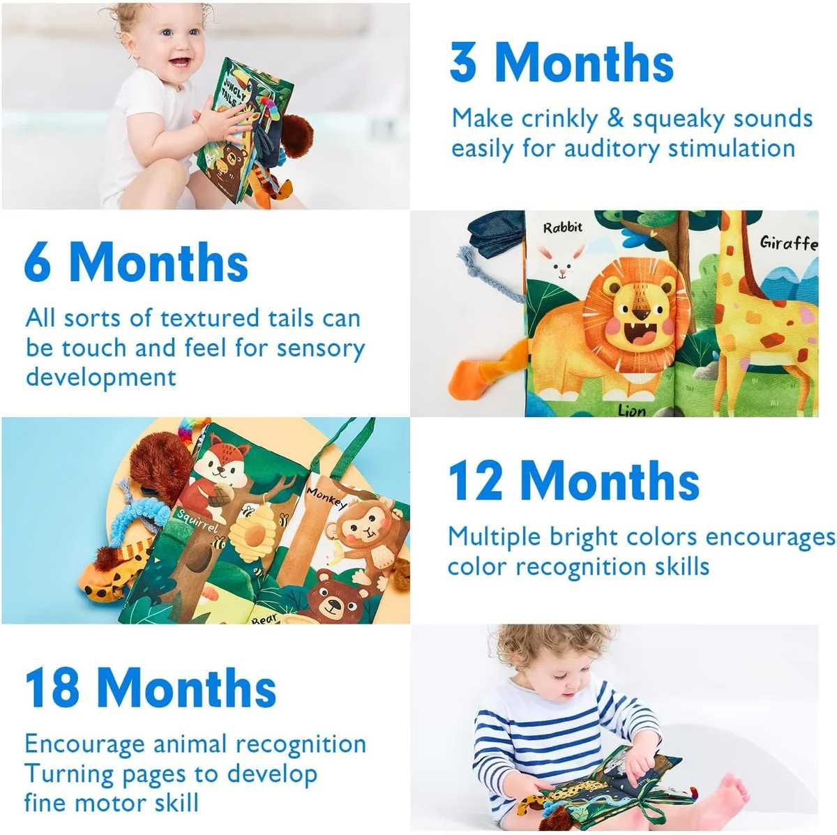 hahaland Baby Books Touch Feel Book PL002B - 3D Tails, Sensory Development, Cloth - Jungle - New image 4