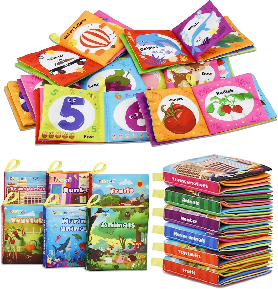 Dr.Rapeti Soft Cloth Books 6-Pack Crinkle Squeaky Washable Polyester Colorful New