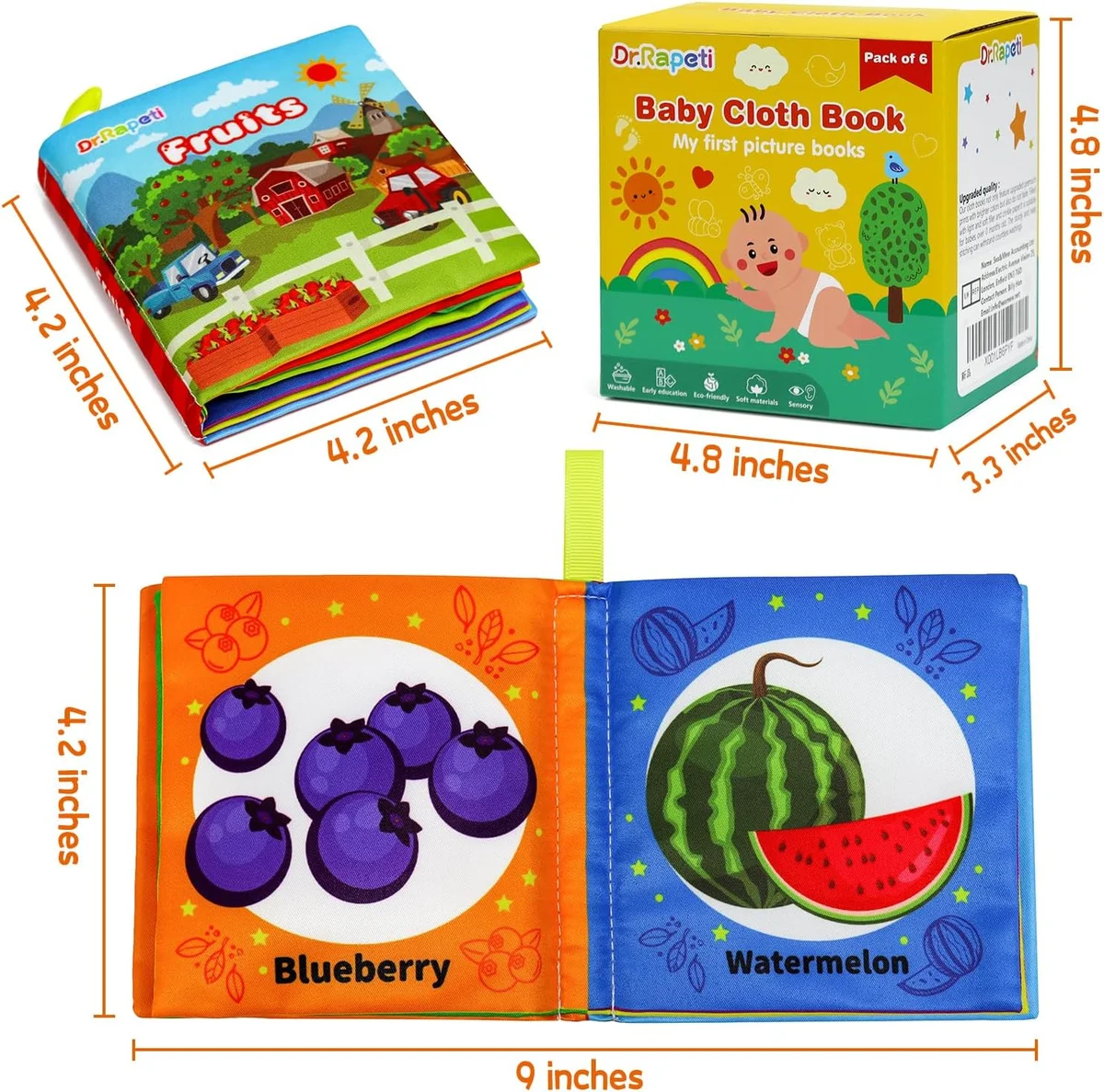 Dr.Rapeti Soft Cloth Books 6-Pack Crinkle Squeaky Washable Polyester Colorful New image 2