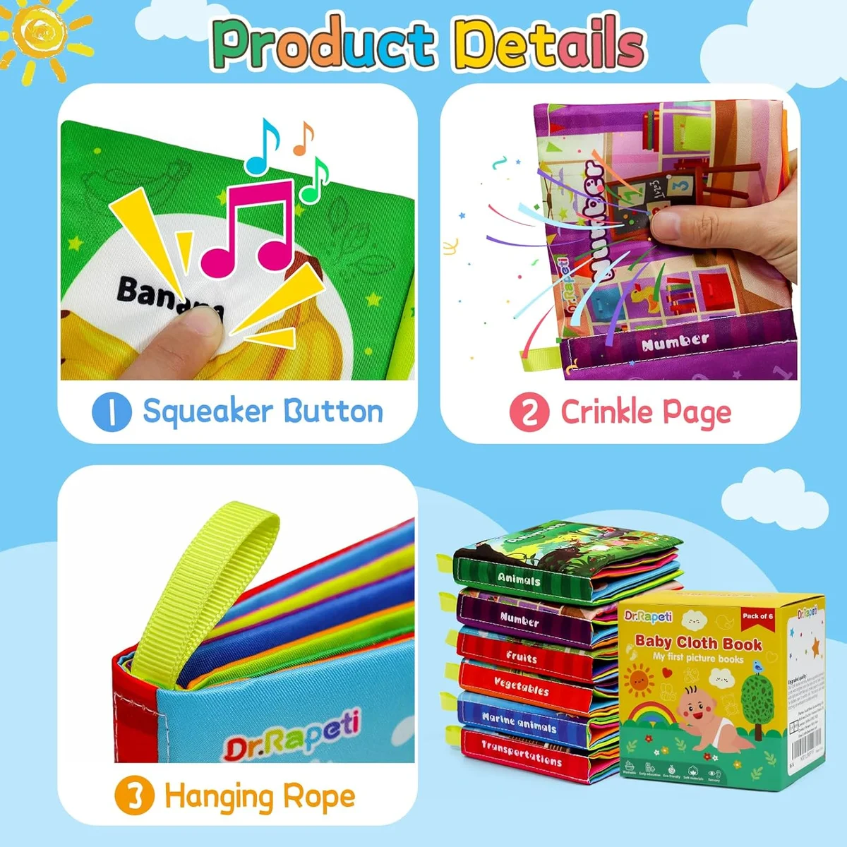 Dr.Rapeti Soft Cloth Books 6-Pack Crinkle Squeaky Washable Polyester Colorful New image 3