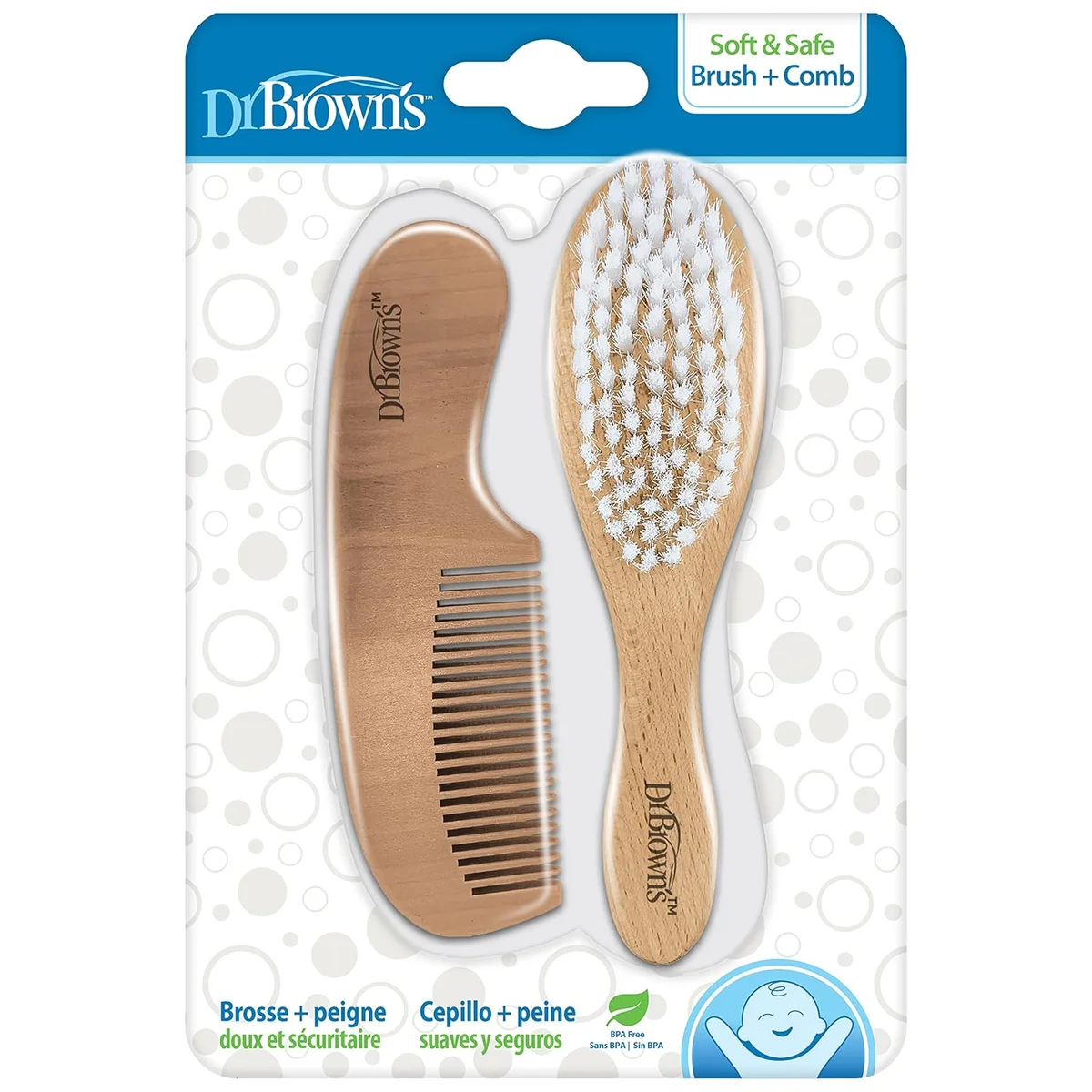 Dr. Brown's Soft and Safe Baby Brush + Comb Durable Wood Gentle Bristles New