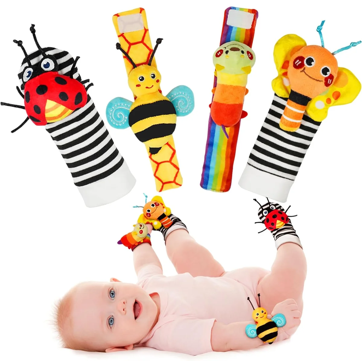 Infinno Baby Wrist Rattle Socks and Foot Finder Set IBRS-01 4 Count Cotton Warm Color New