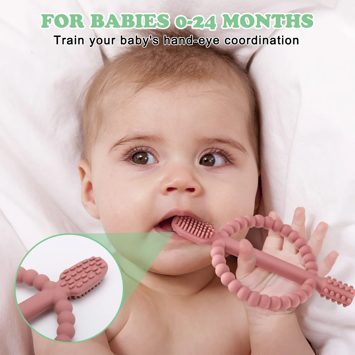 MISSLILI Baby Teething Toys Easy-Hold Handle Silicone Infant Toothbrush Textured Bright Green & Caramel New image 2