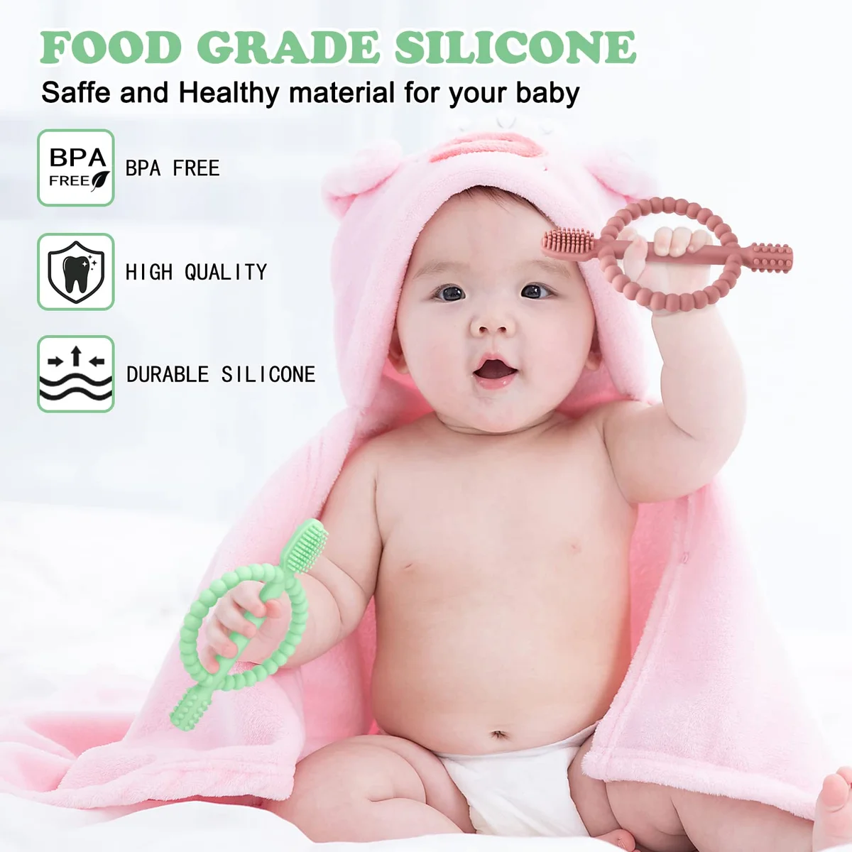 MISSLILI Baby Teething Toys Easy-Hold Handle Silicone Infant Toothbrush Textured Bright Green & Caramel New image 3