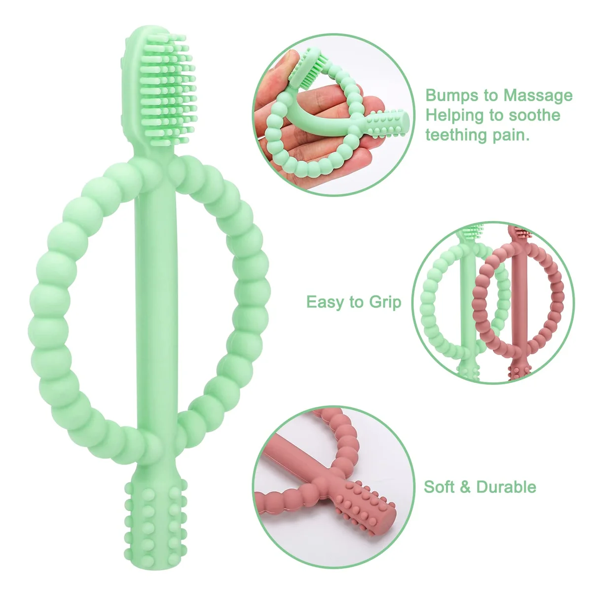 MISSLILI Baby Teething Toys Easy-Hold Handle Silicone Infant Toothbrush Textured Bright Green & Caramel New image 4